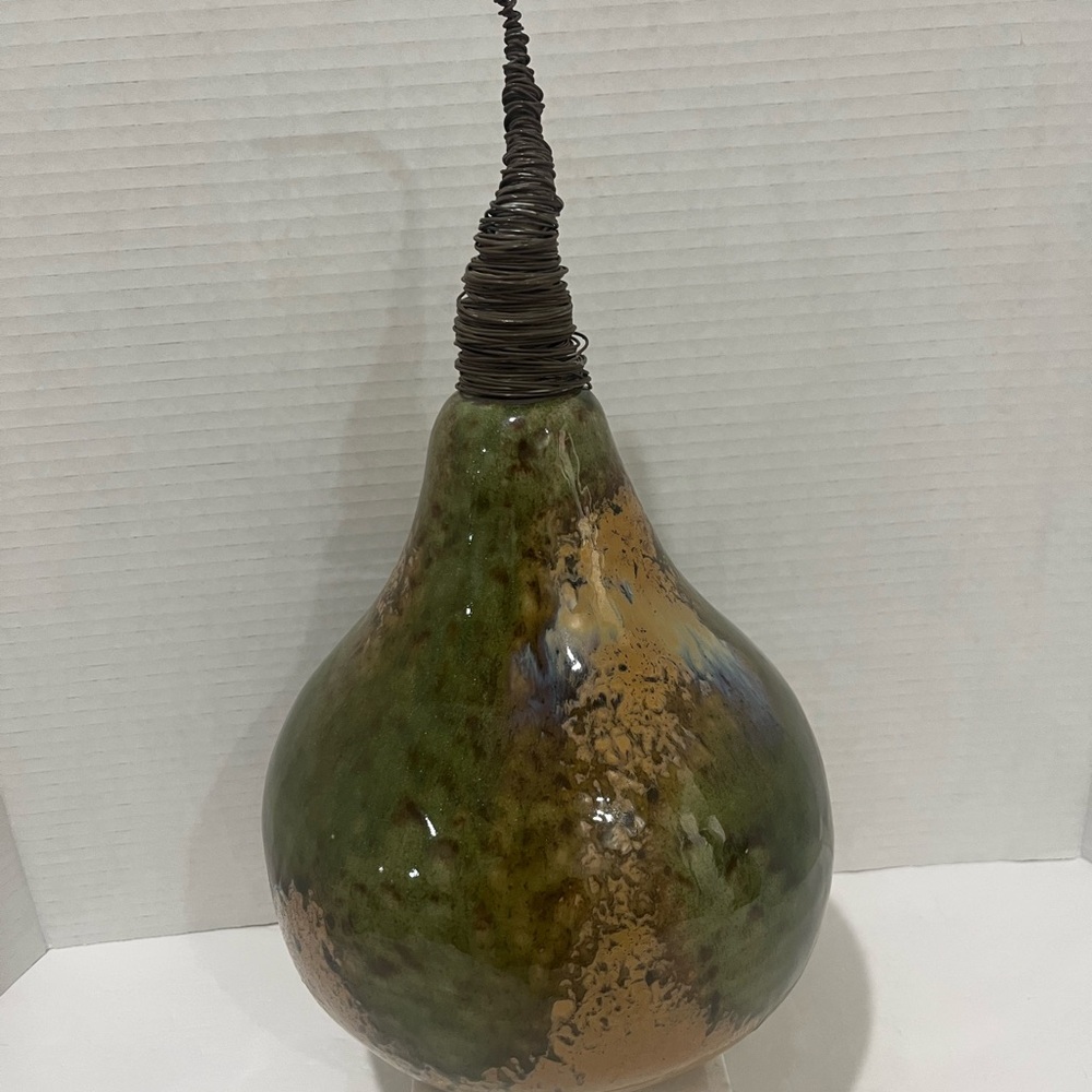 PIER 1 Ceramic Green/Brown Pear Gourd with Wire Stem Decor